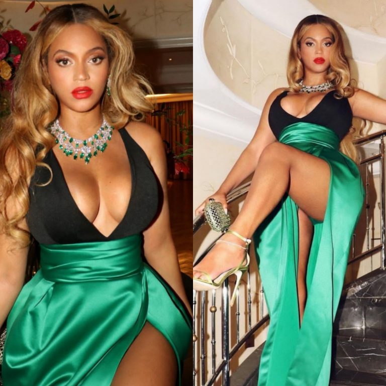 Beyonce shows off her cleavage and thighs as she poses in low-cut black and green halter gown