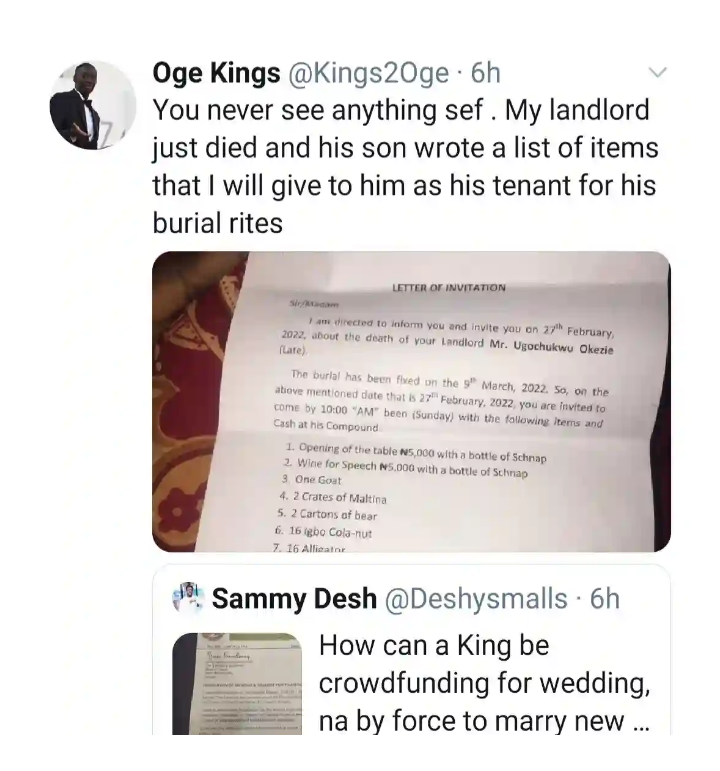 Tenant given list of items to contribute following death of his landlord