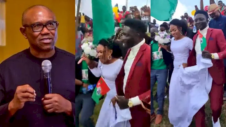 Peter Obi reacts as newly wedded couple storms Labour Party rally in Abuja straight from their wedding (Video)
