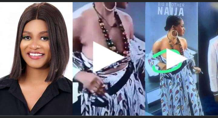 BBNaija7: Embarrassing moment Phyna suffered wardrobe malfunction as her n*pple slipped out of her dress during the live show (Watch Video)