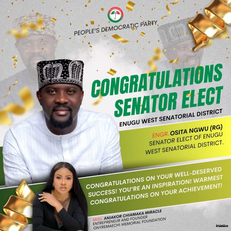 2023 election: Social entrepreneur Aniakor Chiamaka congratulates Enugu senator-elect Osita Ngwu