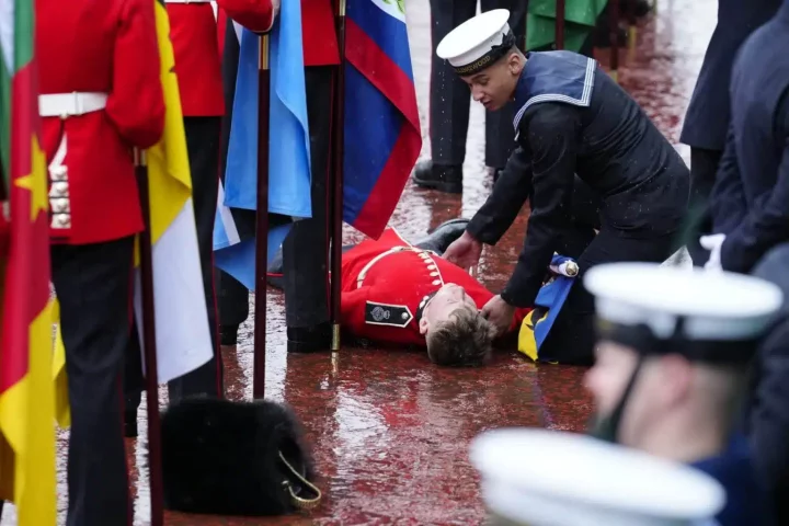 Flag bearer slumps during coronation of King Charles III