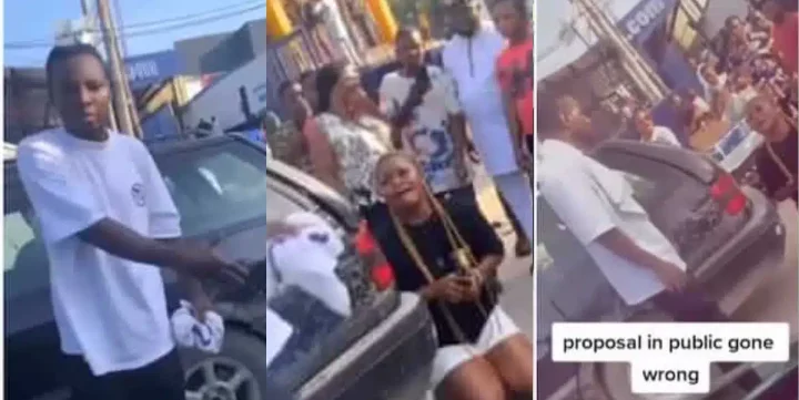 Nigerian lady in tears as public marriage proposal to boyfriend turns disastrous (Video)